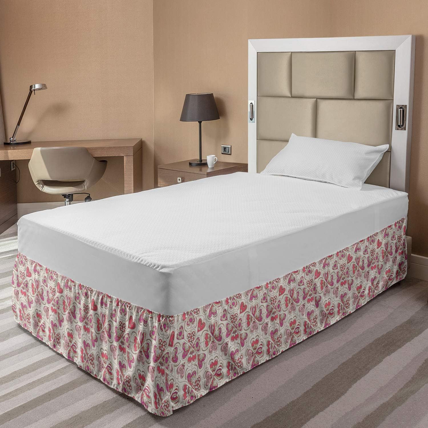 Lunarable Valentine's Day Bed Skirt, Romantic Floral Ornamental Heart Shapes, Elastic Bedskirt Dust Ruffle Wrap Around for Bedding Decor, Twin/Twin XL, Pale Fuchsia Pale Ruby