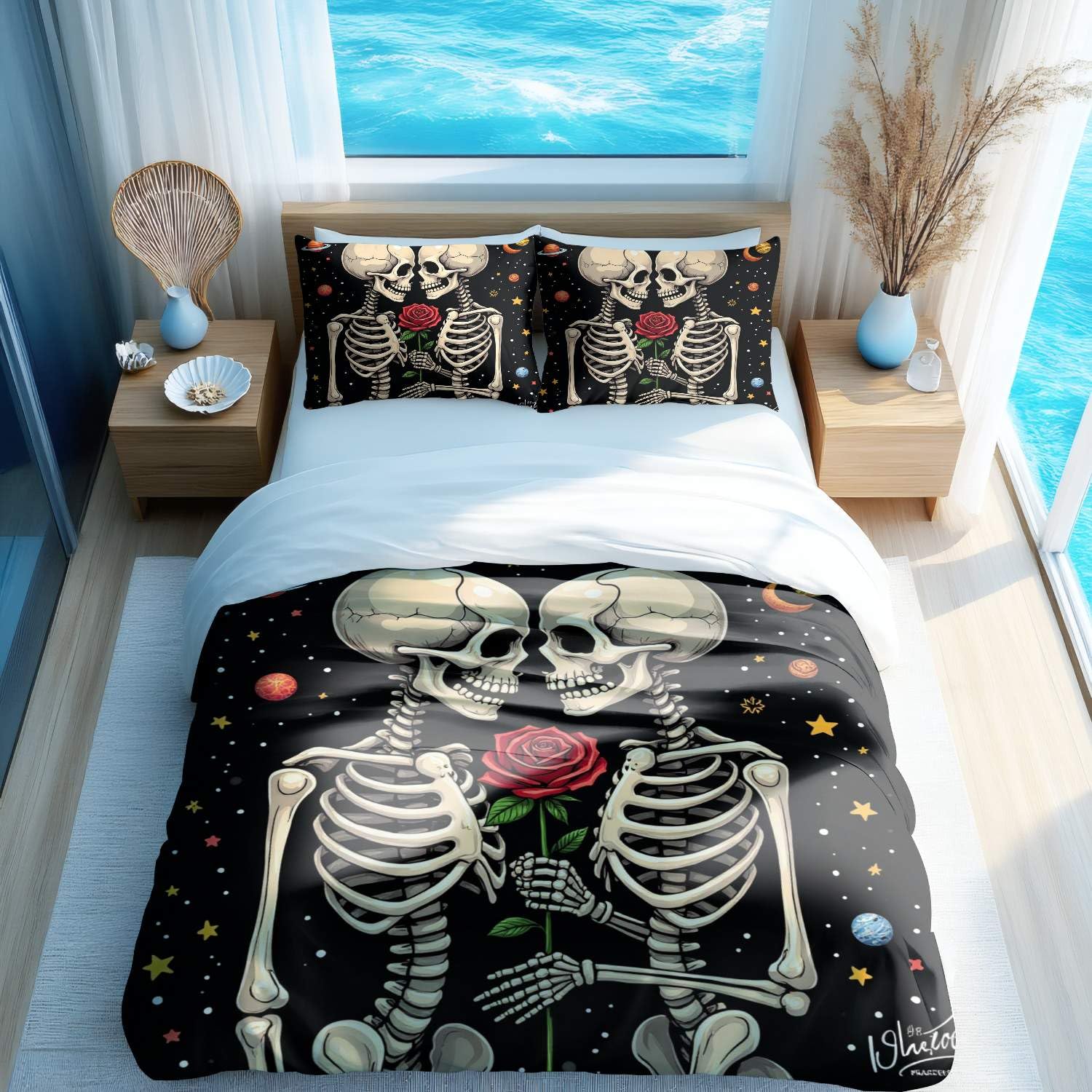 Housse de couette thème romantique cosmique avec roses et tête de mort pour lit King