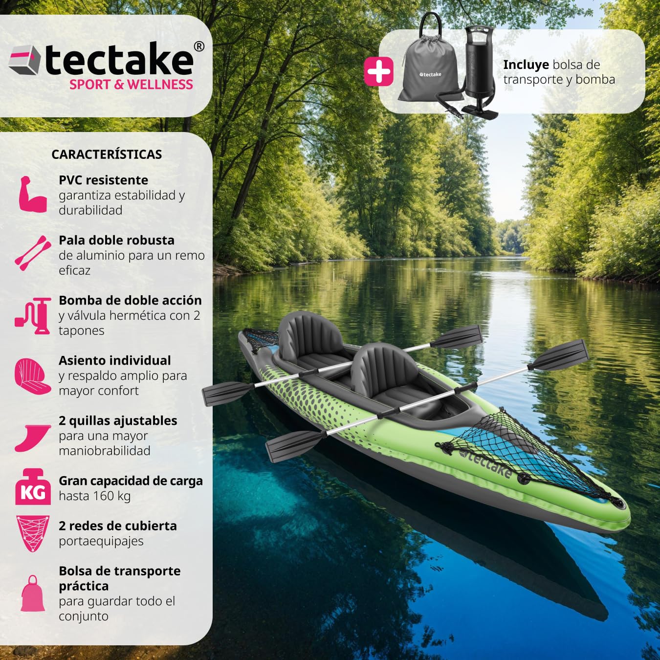 Tectake Kayak Inflable PVC Resistente Remo Doble Bomba Doble Acción Asiento Desmontable Quilla Acoplable Bolsa Transporte