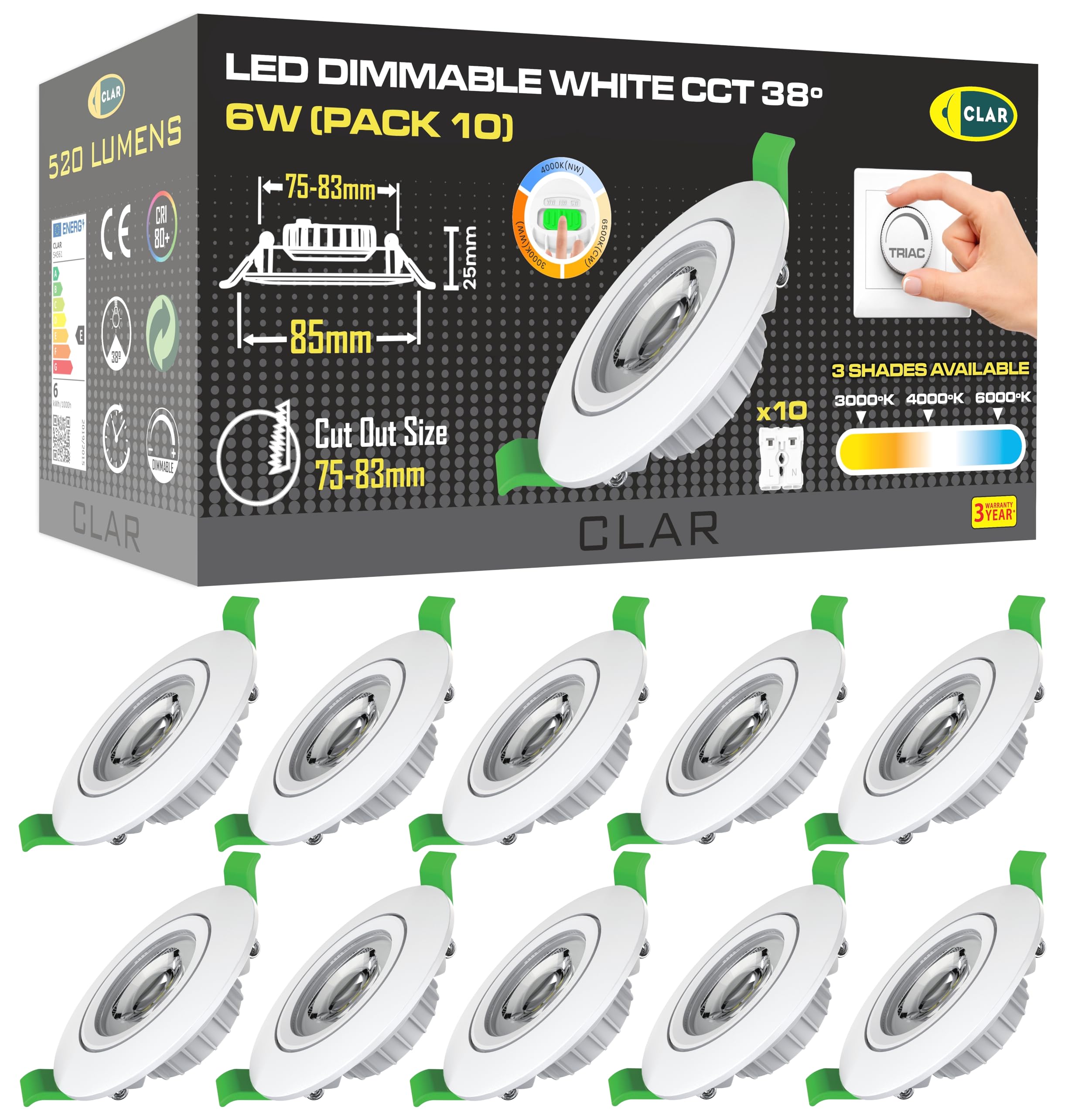 CLAR - Focos LED Interior Techo, Módulo LED Ultra Plano Regulable 6W, Seleccionador de tonalidad, Ajustable 38º, Bkanco(Pack 10)