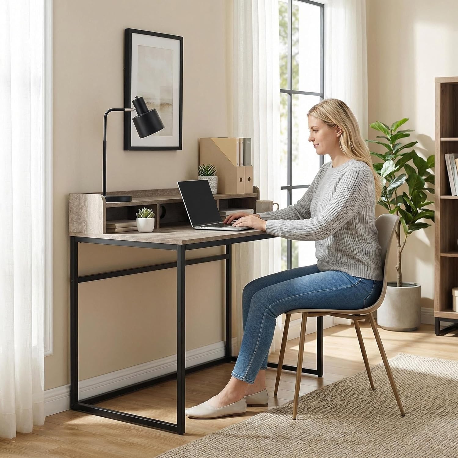 CENSI 47" Computer Desk with Hutch, Industrial Home Office Writing Desk with Storage Shelves, Sturdy Metal Frame PC Laptop Table, Modern Workstation for Bedroom Study, Grey French Oak