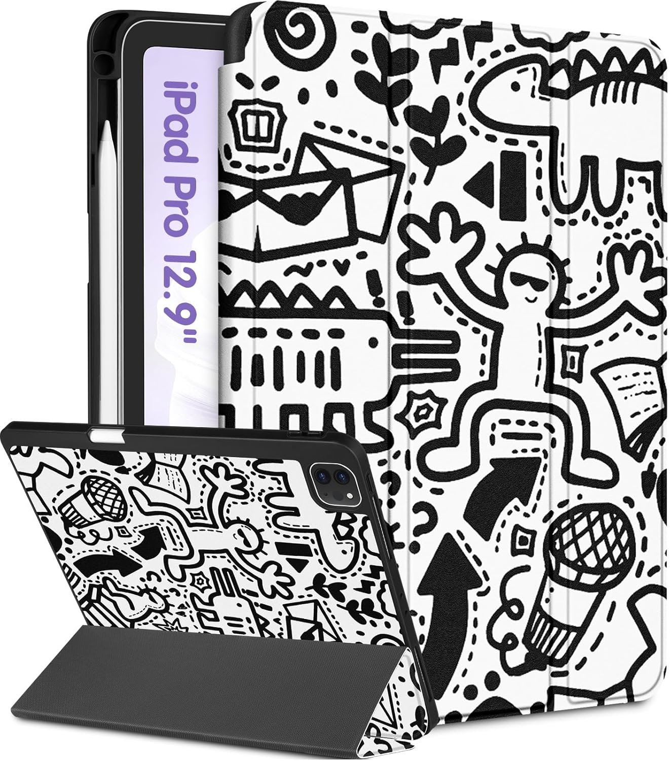 Uppuppy for iPad Air 13 Inch M2/M3, Pro 12.9 Case - Girls Cute Boys Women Folio Cover Pencil Holder Graffiti Cool Design Funny Fun for iPad Air 13 2024 2025 Cases for Apple Pro 12.9 inch 6/5/4/3 gen