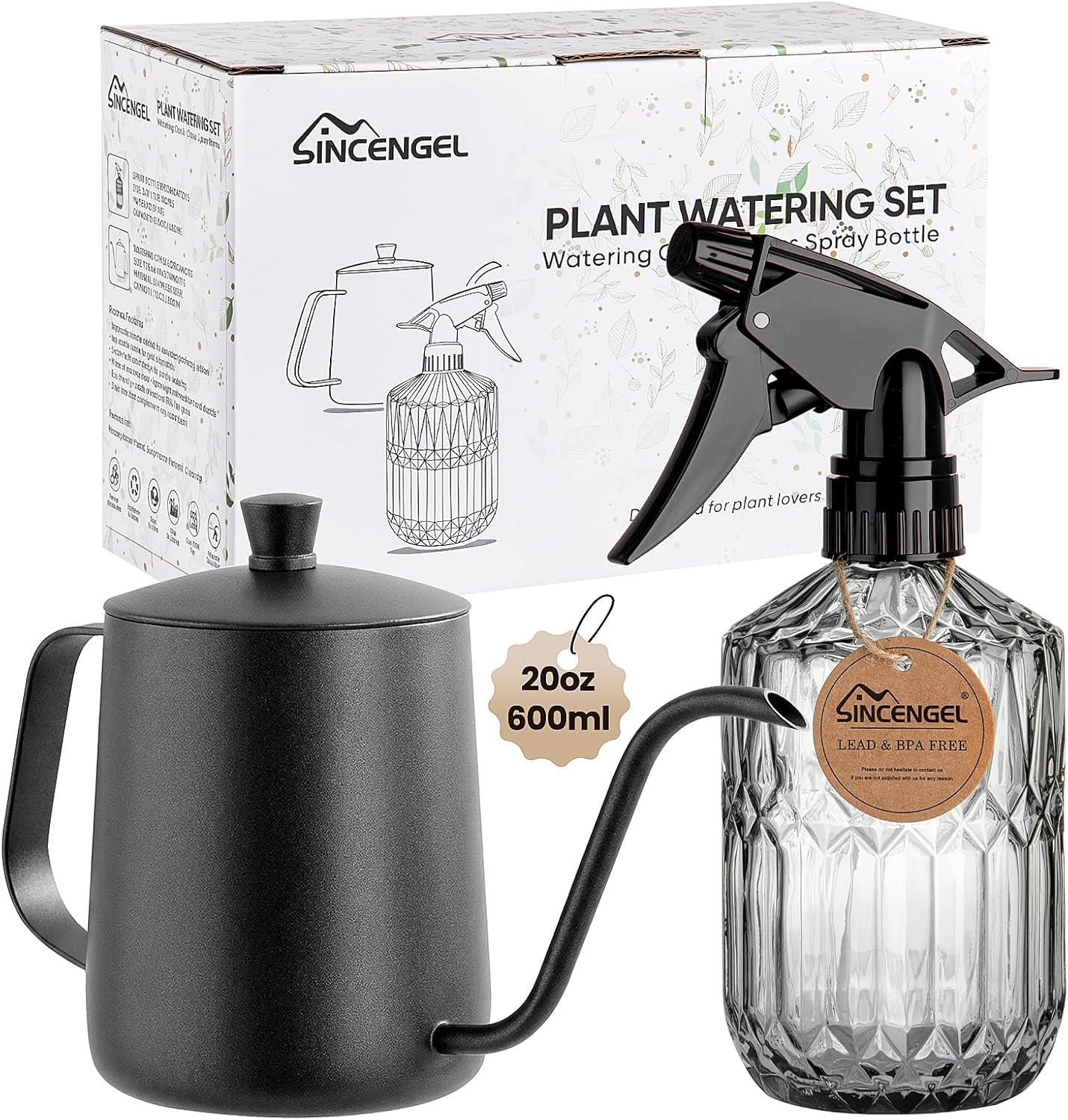 Sincengel Watering Can and Glass Plant Mister Spray Bottle Set