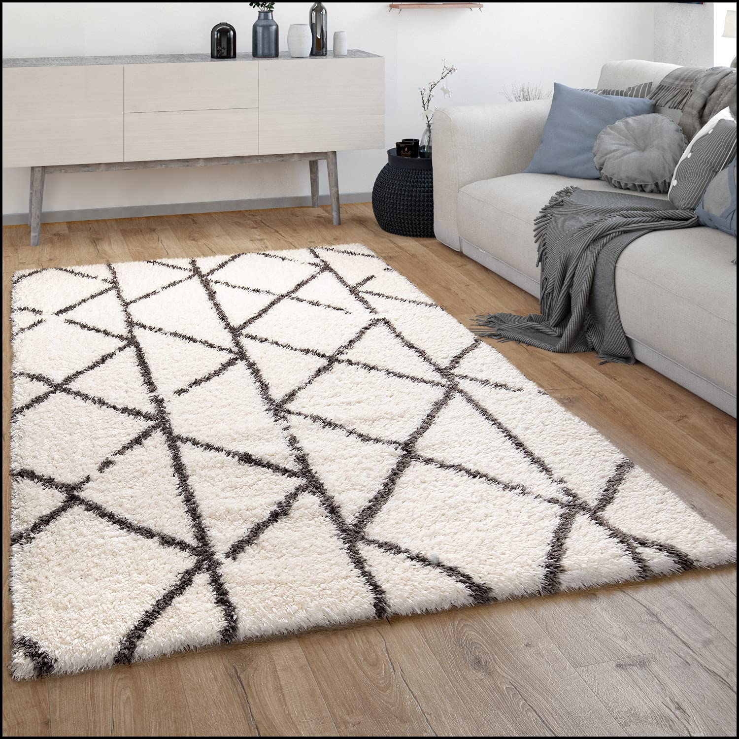 Paco Home Hochflor Teppich Wohnzimmer Shaggy Langflor Skandinavisches Rauten Muster Modern, Grösse:160x230 cm, Farbe:Creme 5