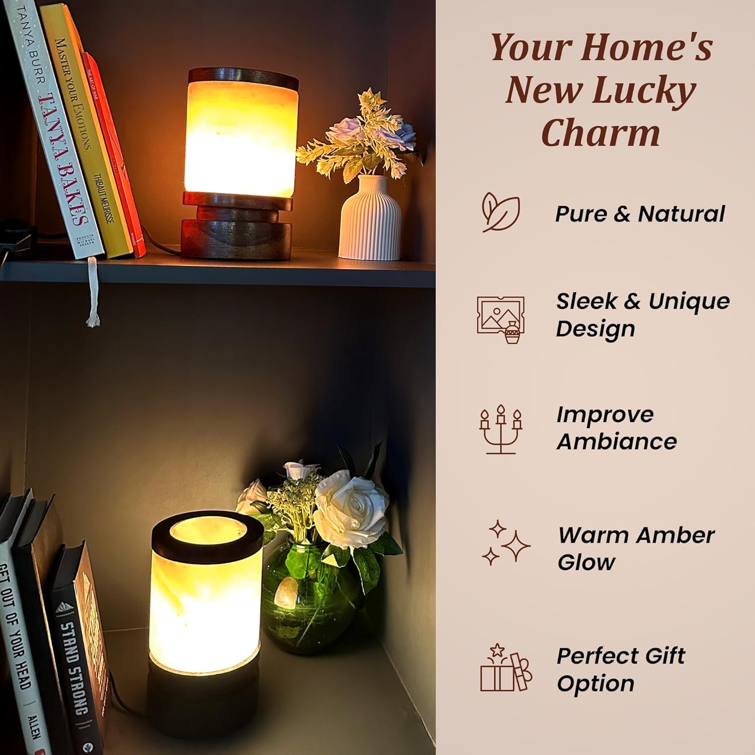 POHS Himalayan Pink Salt Round Lamp with Premium Black Polished Wooden Base, 60'' Long Dimmer Switch Cord and Two Light Bulbs; Hand Crafted,for Home, Office and Gift for Christmas