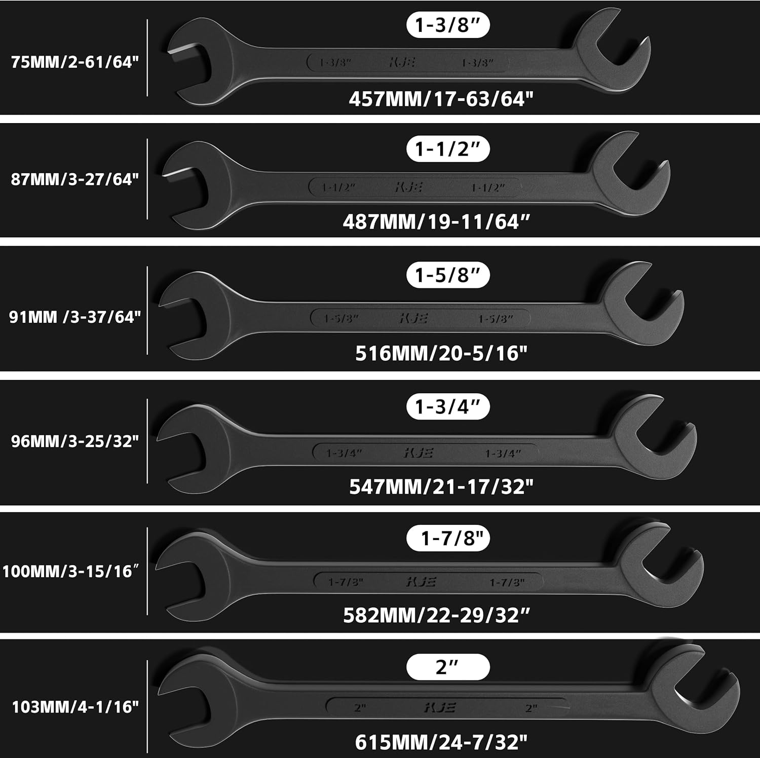 KJE 6PCS SAE 1 3/8" to 2" Black-Oxide Jumbo Angle Wrench Set, Large Big Wrench Set, 15° & 60° Angled Heads, High Carbon Steel & Storage Bag for Heavy-Duty Mechanics & Automotive, & Truck