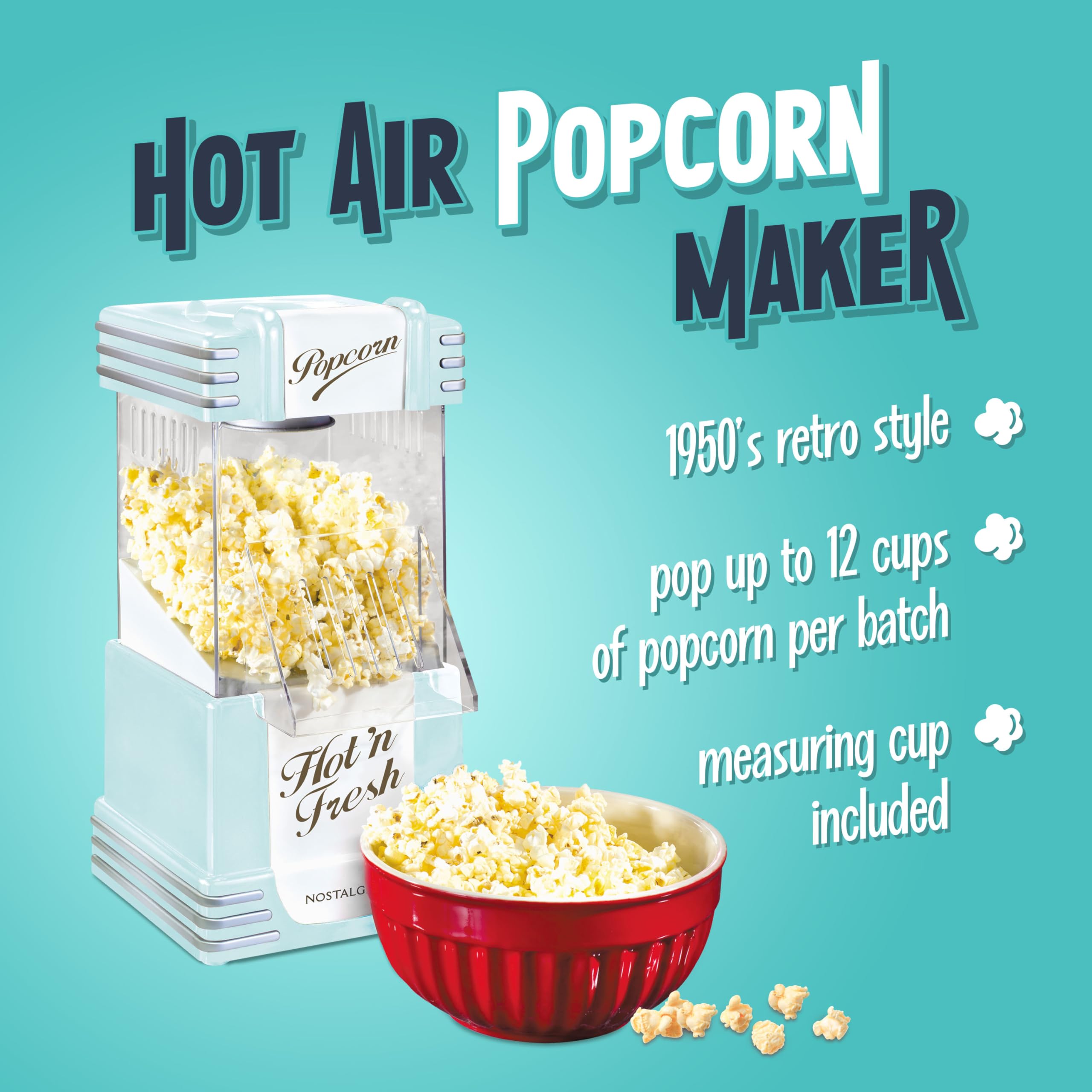 Nostalgia Macchina per popcorn ad aria calda retrò, 12 tazze senza olio, piano di lavoro con tazza di misurazione, snack sani e serata cinema, acqua