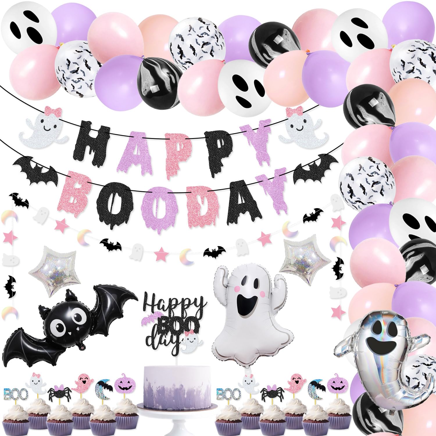 Pink Purple Halloween Birthday Party Pack Happy Boo Day Banner Cake Topper Ghost Bat Balloons for Girls' Pink and Purle Halloween Birthday Decorations