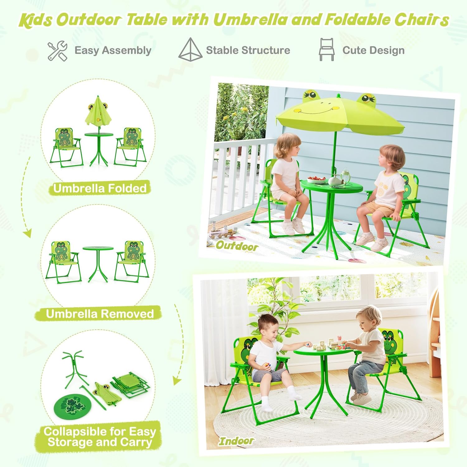 HONEY JOY Kids Picnic Table, Animal Themed Toddler Outdoor Table and Chair Set, 2 Folding Chairs & Removable Umbrella, Children Outdoor Furniture for Backyard Patio Garden (Light Green Frog)