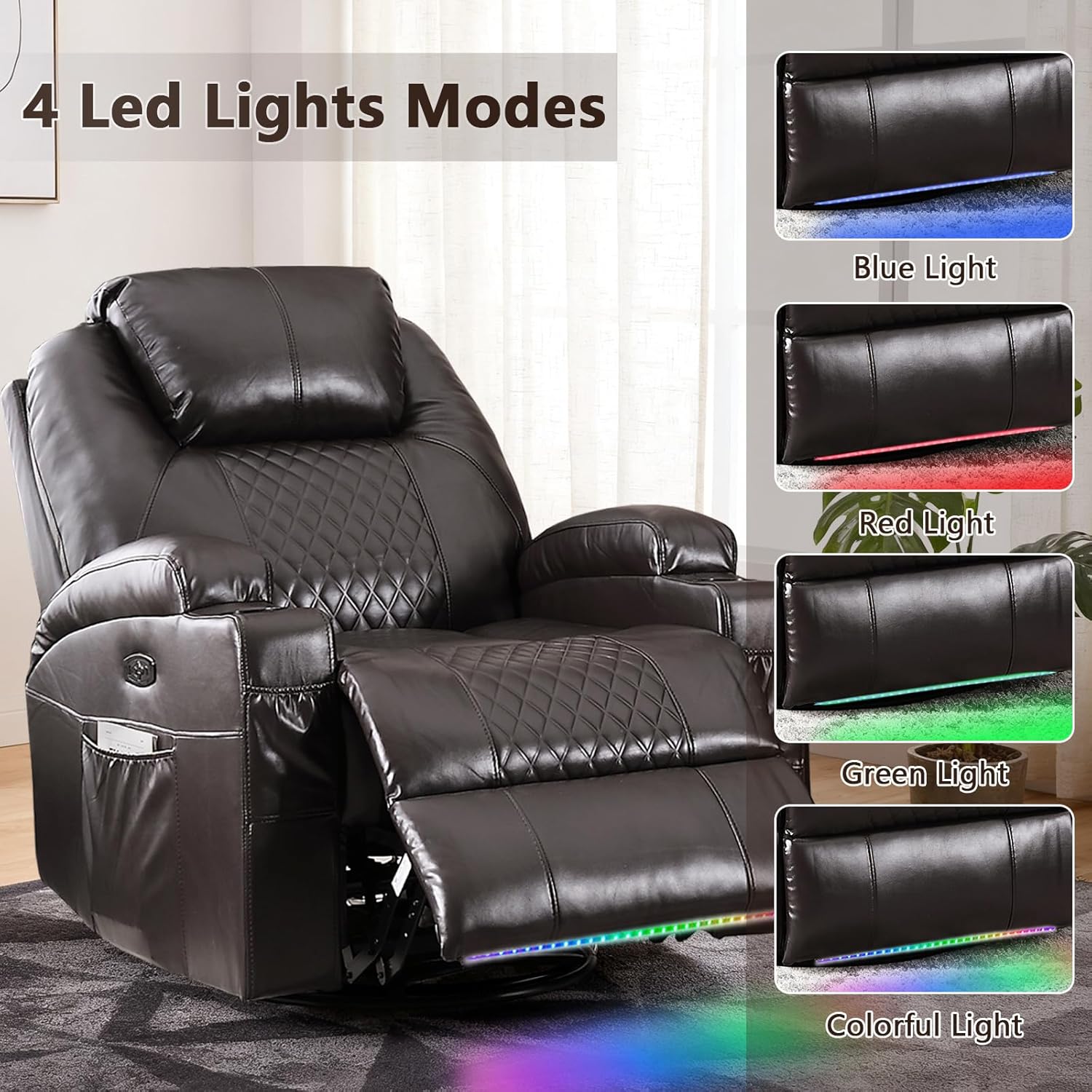 AHMED Power Swivel Rocker Recliner Chair for Adults, Power Glider Rocking Chairs with Massage & Heat, 270° Swivel Rocking Chair with Cup Holders/USB & Type-C Ports/LED Lights for Living Room, Brown