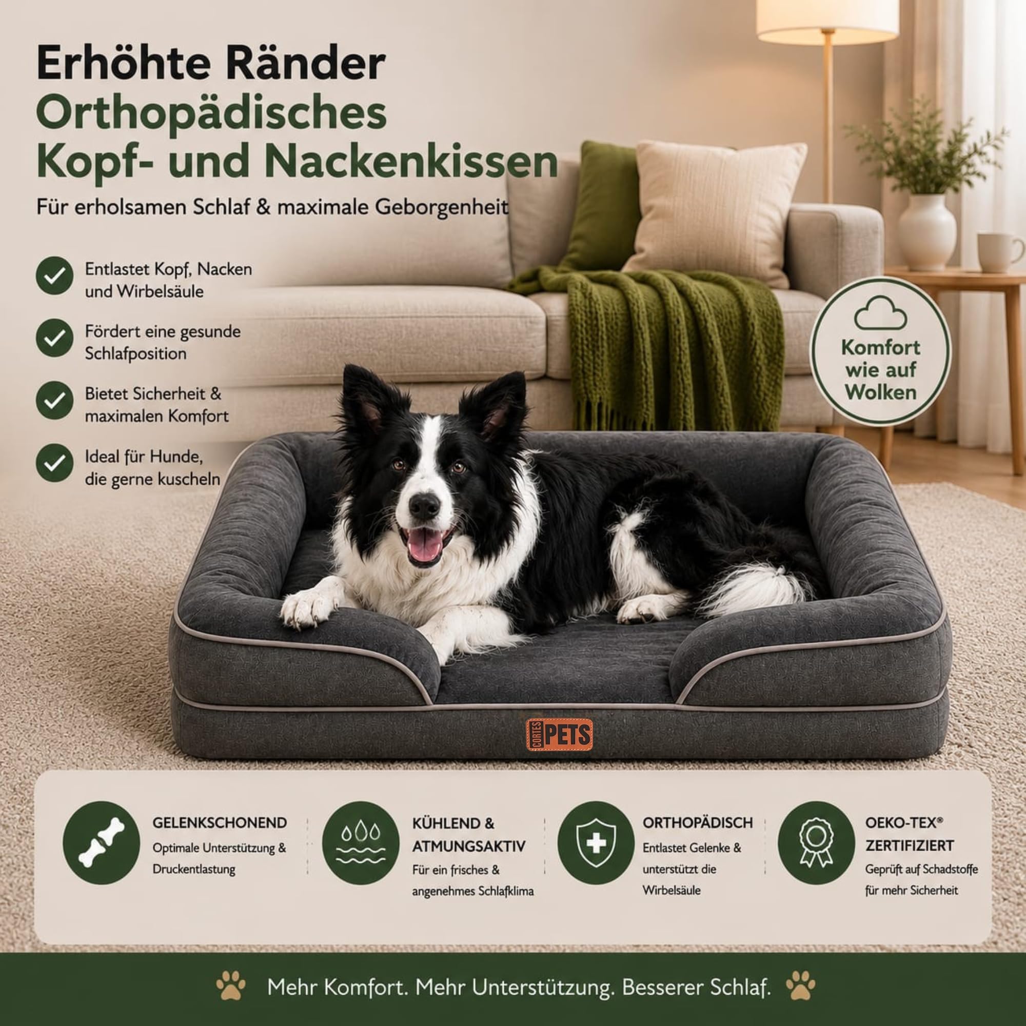 Cama Ortopédica para Perros medianos - con Espuma Viscoelástica, 2 cm de Gel Refrigerante, Impermeable y Base Antideslizante - Sofá para Perro mediano (LARGO: 90cm - ANCHO:64cm ALTO: 17cm)