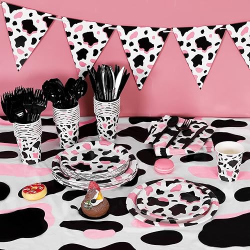 Miniatura 5 de durony 198 piezas de vajilla de fiesta con estampado de vaca rosa, incluyendo platos de fiesta de vaca rosa vaquera, cucharas, tenedores, cuchillos,