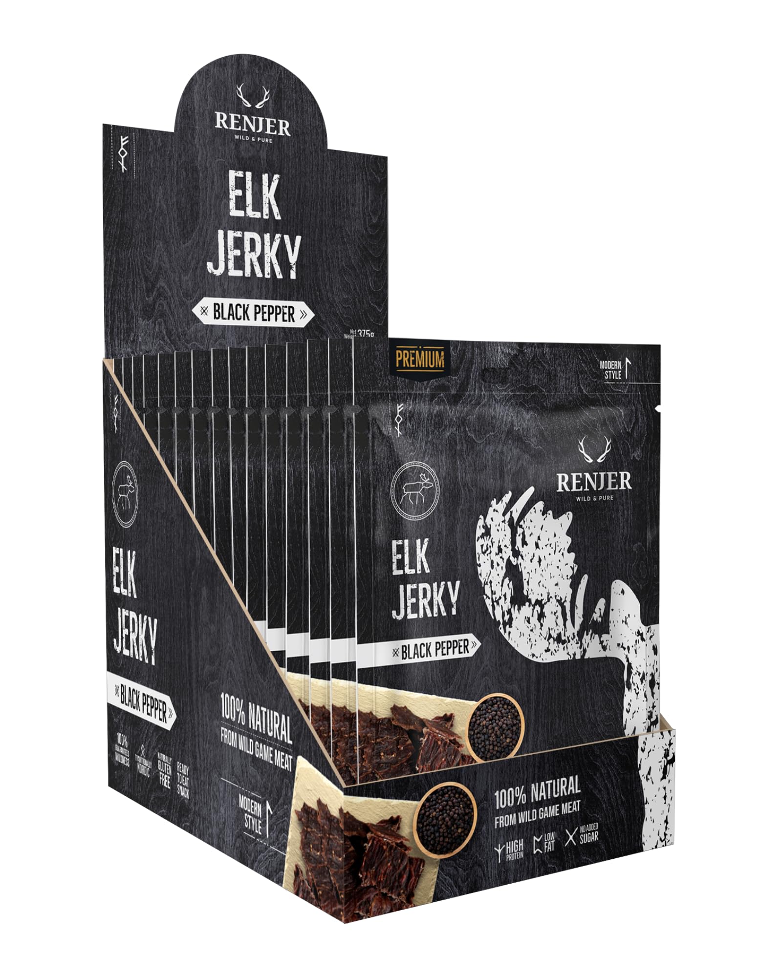 Renjer Elk Jerky with Black Pepper - Pack de 15 unidades (15 x 25 g) - Auténtica experiencia de sabor nórdico, carne de caza, calidad gourmet, aperitivo perfecto para viajes