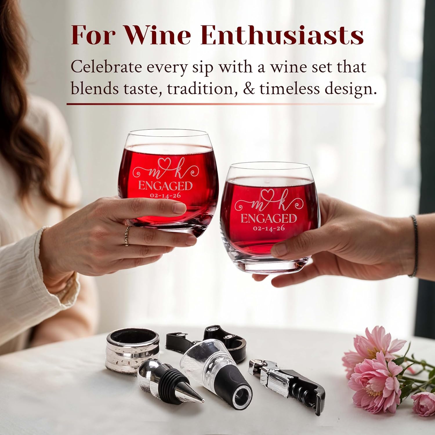 Custom Fiance Fiancee Heart Initials Engaged Wedding Engraved Set of 2 Stemless Wine Glasses and Accessories with Wood Box Design Your Own Personalized Gift for Him Her Couples