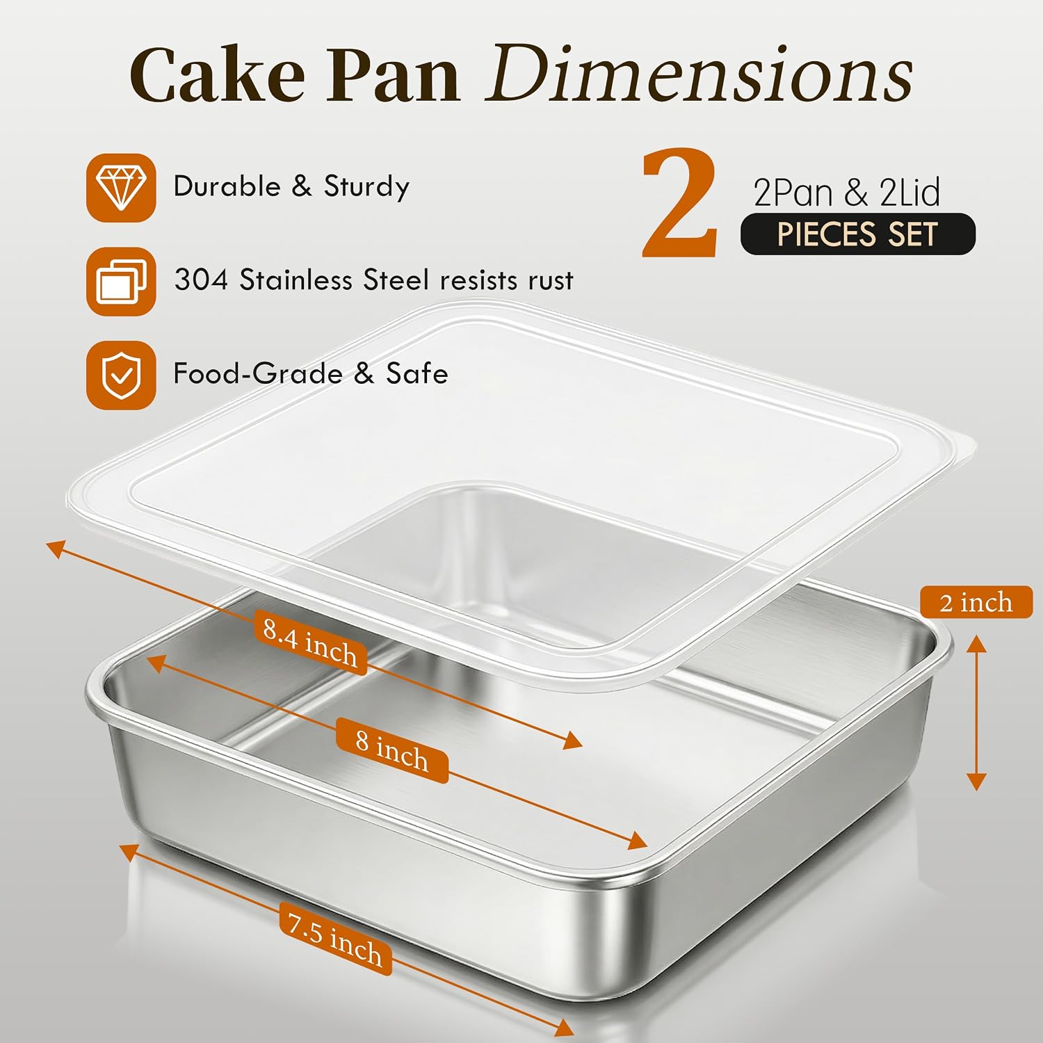 8x8 Baking Pan with Lid, Stainless Steel Brownie Pan, Square Cake & Casserole Bakeware, Heavy Duty Non-Toxic Oven Pan, Dishwasher Safe (2 Pans + 2 Lids)