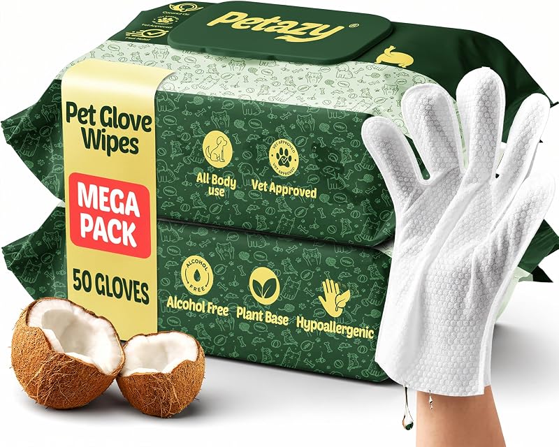 Pet Glove Wipes for Dogs & Cats - Paws, Ears & Butt Cleaning, 2x25pk | Lavender, Grooming Glove, Deodorizing, Tear-Resistant, Thick, Hypoallergenic, Aloe & Coconut Oil for sensitive skin, No Rinse