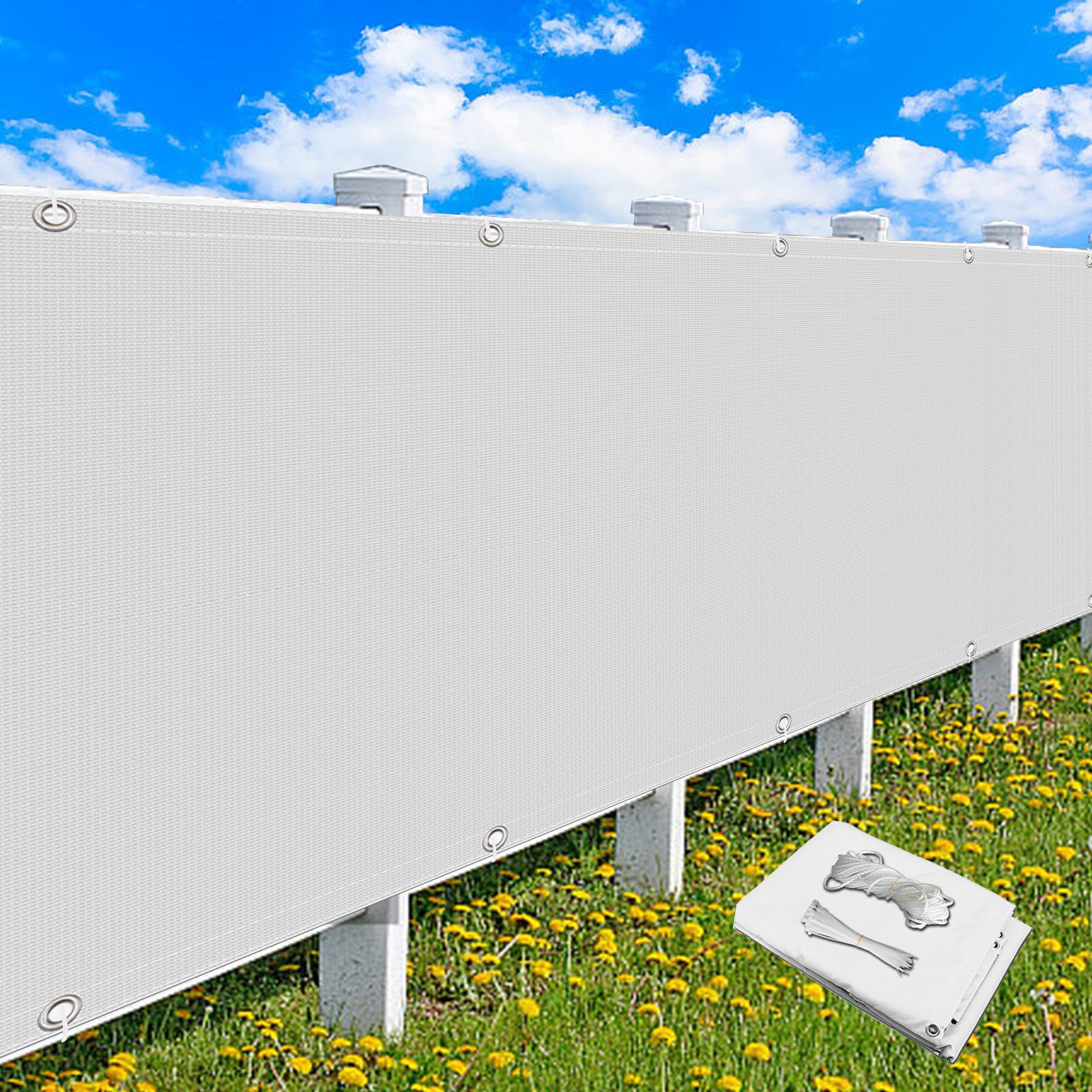 Brise vue balcon 0.9x6m blanc avec oeillets et cordons de fixation