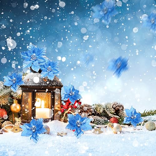Miniatura 6 de 36 piezas de 3 tamaños de flores artificiales de Navidad con purpurina de Navidad para decoración de árbol de Navidad, Año Nuevo, decoración