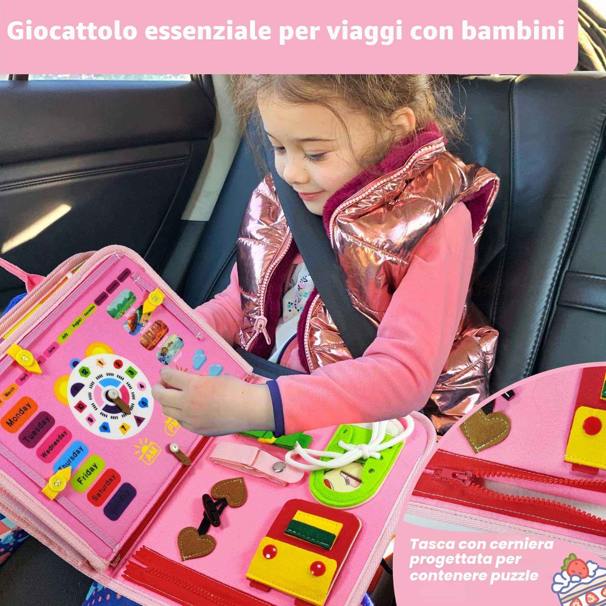 TenFans Busy Board - Giocattolo Montessori da 1 a 4 Anni, Giocattoli sensoriali, Regali per Ragazze per Imparare Le abilità motorie, attività educative, Giocattolo da Viaggio per Auto e Aereo