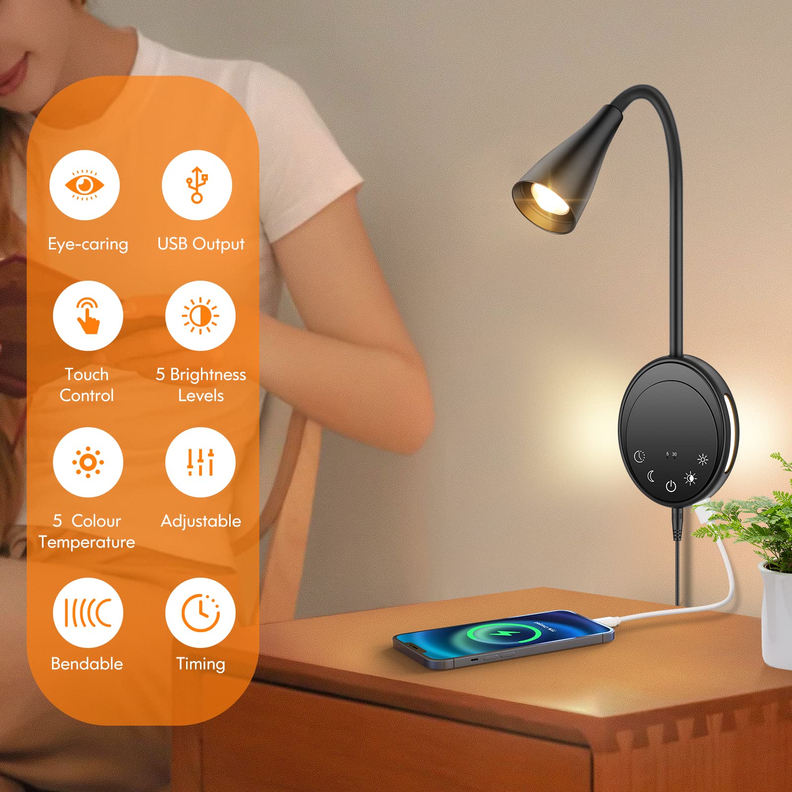 SANKEDOU Lampa ścienna LED, lampka książkowa do czytania w łóżku, ze sterowaniem dotykowym, 5 ściemniaczy, wyjście USB, funkcja timera, elastyczna lampka na zagłówku na gęsiej szyi, czarna, 2 szt