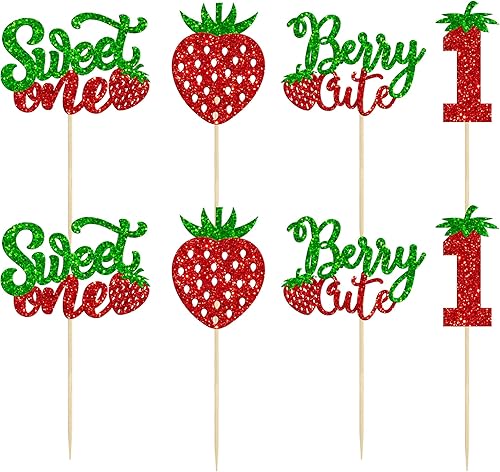 Miniatura 3 de 24 piezas Sweet One Cupcake Toppers con purpurina para primer cumpleaños de fresas para cupcakes de frutas, baby shower, primer cumpleaños,