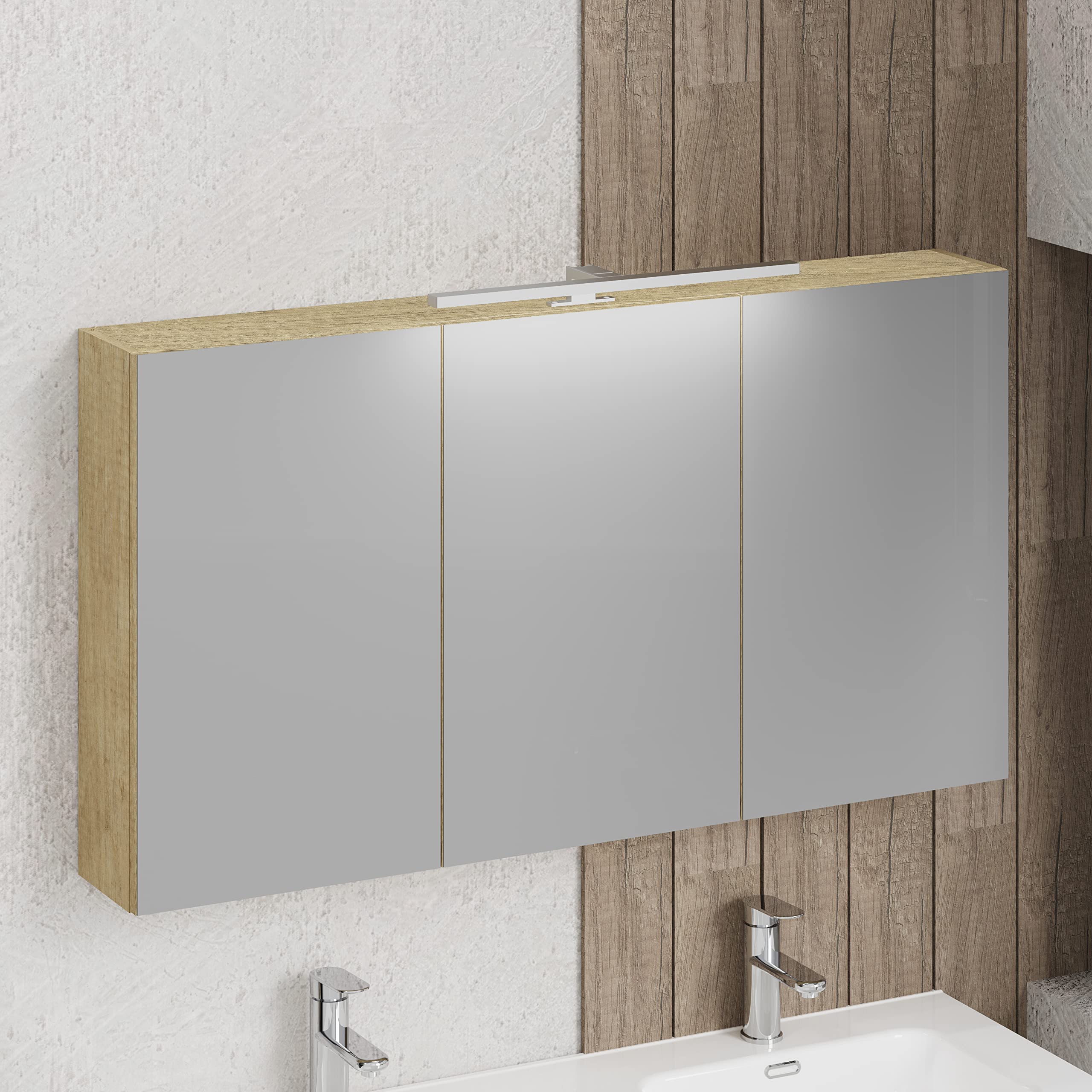 Camerino De Baño Con Espejo Y Luz LED - 120x65x18 Cm, Acabado Nature, Montado