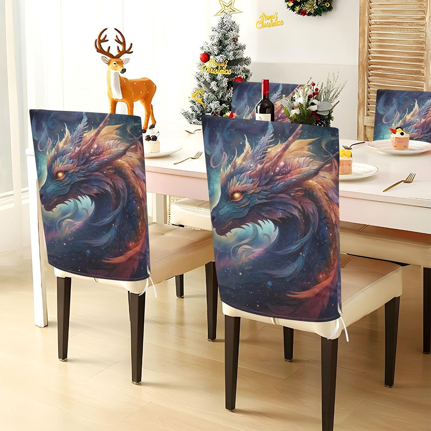 ALAZA Dragon Colorful Background Chair Back Cover Set of 6, Washable Reusable Removable Chair Slipcovers Decorative Chair Cover for Home Kitchen Wedding Party