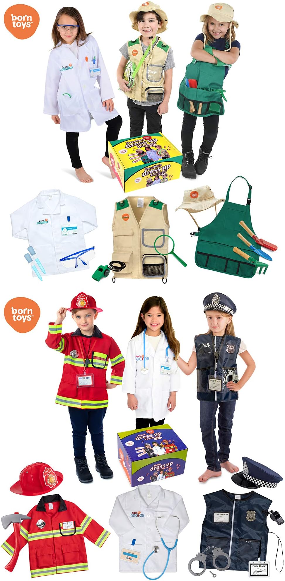 Born Toys Deluxe Premium Washable Hero and Dress up Trunk Set bundle includes fireman,policeman,doctor,explorer,gardener,scientist costumes for boys and girls ages 3-8