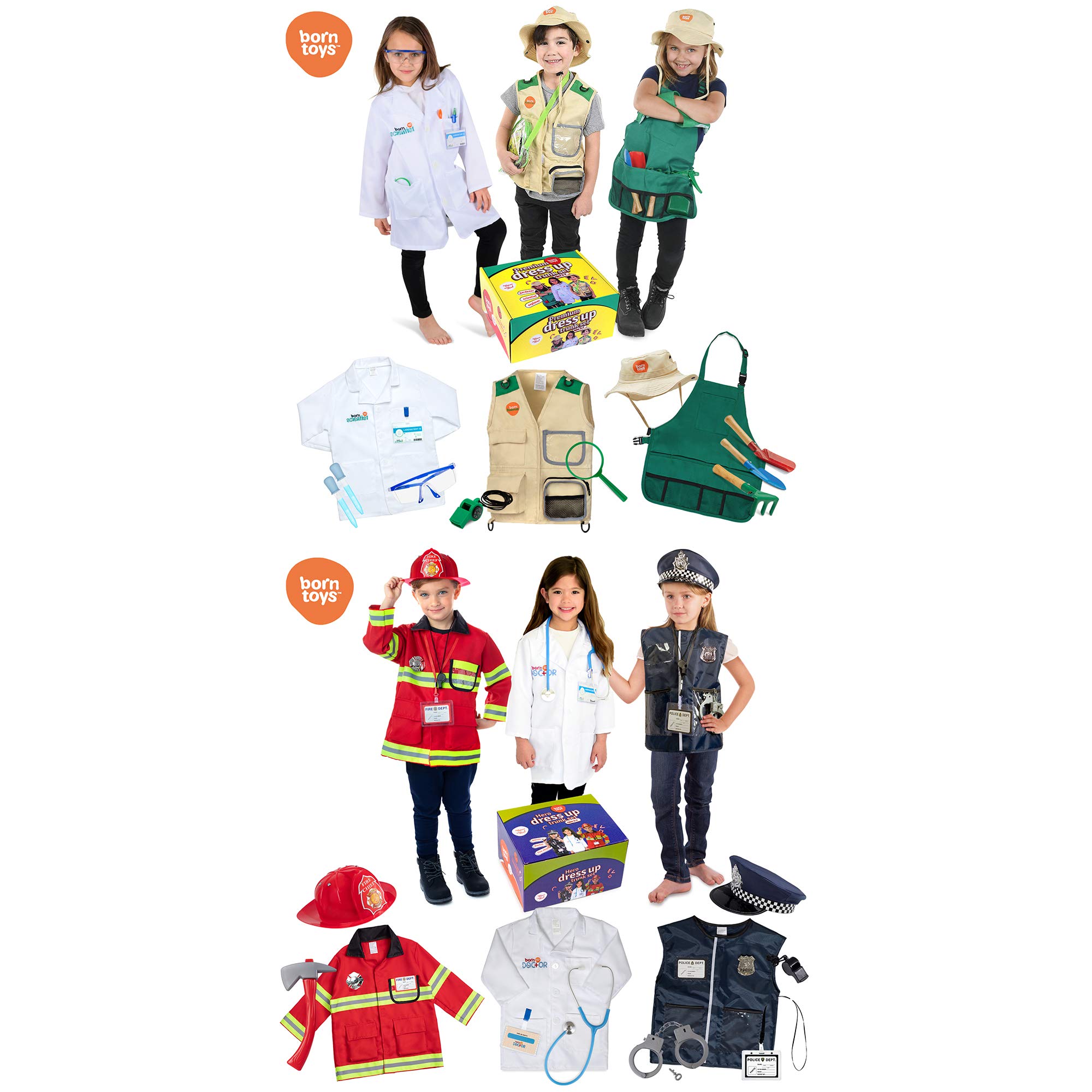 Born Toys Deluxe Premium Washable Hero and Dress up Trunk Set bundle includes fireman,policeman,doctor,explorer,gardener,scientist costumes for boys and girls ages 3-8
