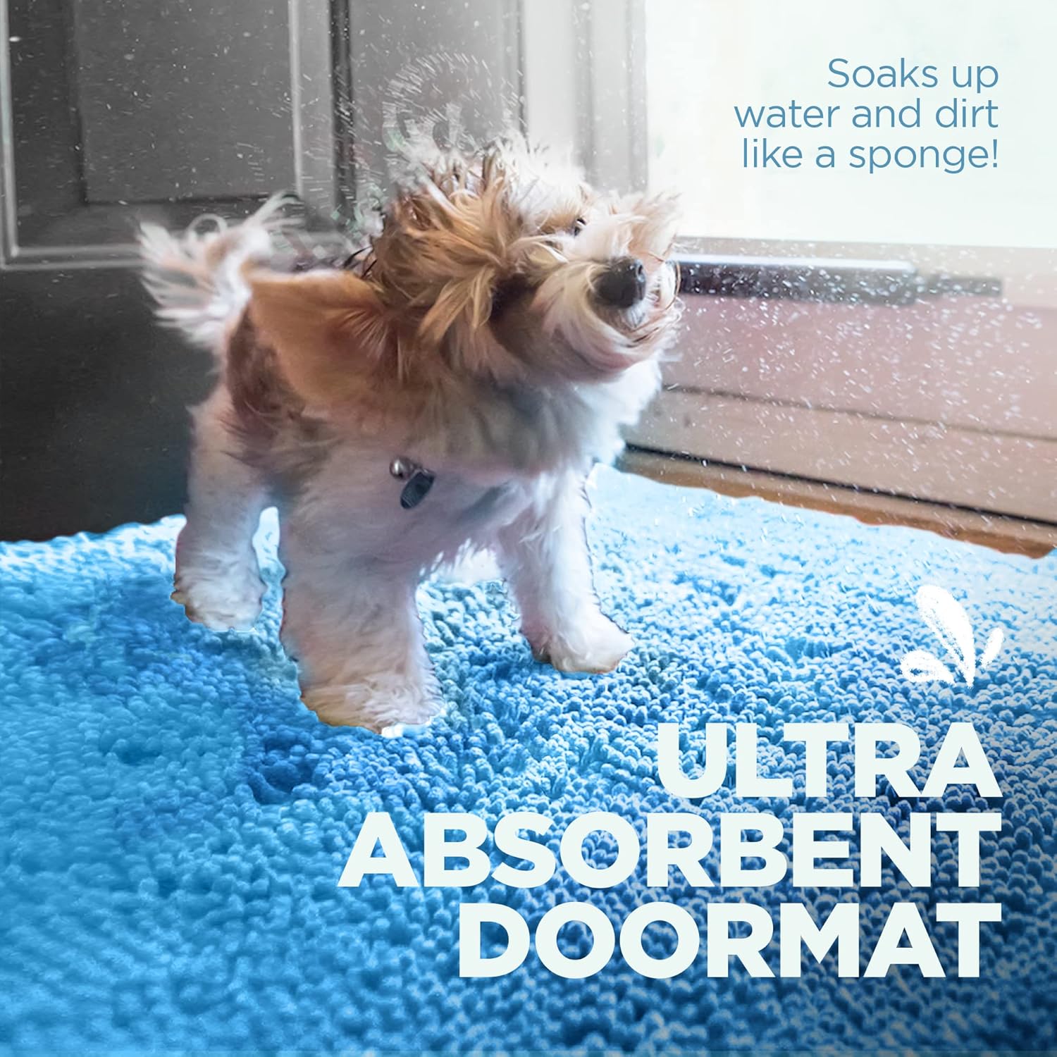 Soggy Doggy Dog Door Mat – Large Absorbent Chenille Microfiber Dog Rug for Muddy Paws, Wet Dogs & Entryway Floors, Non-Slip Backing, Machine Washable Doormat – Blue, 26” x 36”