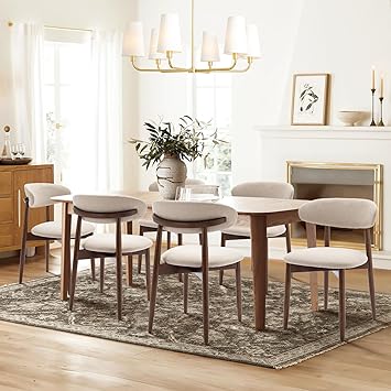 COLAMY Wooden Dining Chairs Set of 6, Modern Fabric Upholstered Dining Room Chair, Farmhouse Kitchen Side Chairs with Foot Pegs, Beige