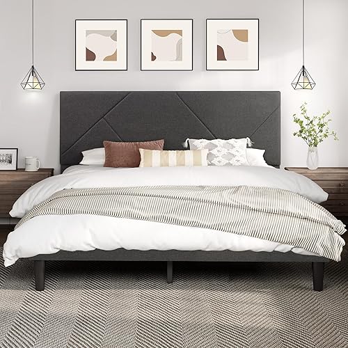 Allewie Base de cama tapizada tamaño King con cabecera geométrica, cama de plataforma resistente, no necesita somier, color gris oscuro