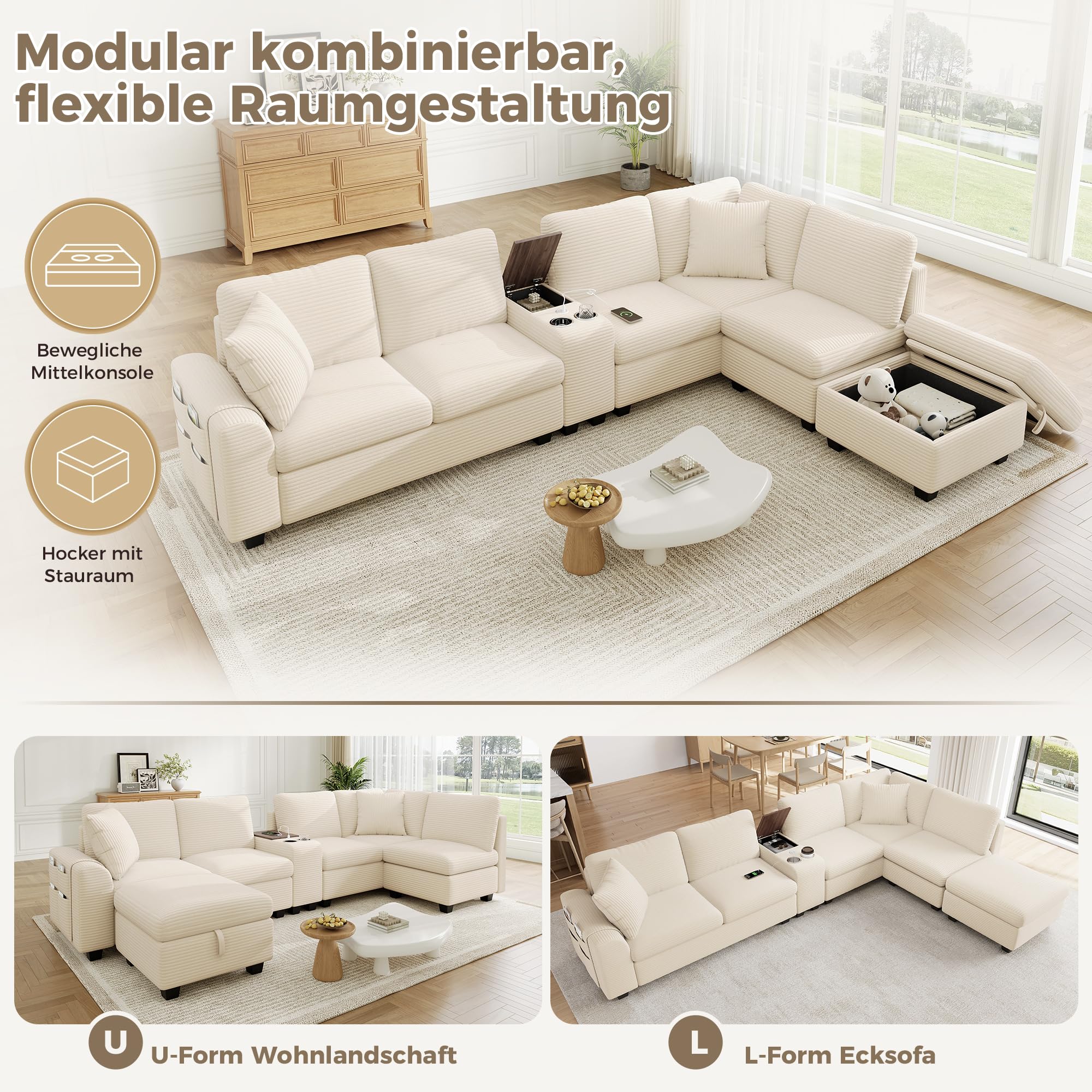 Idemon Sofá esquinero modular U/L de 6 plazas con espacio de almacenamiento, consola central móvil con 2 portavasos, conexión USB/Type-C, compartimentos ocultos y bolsillos para reposabrazos, tela de