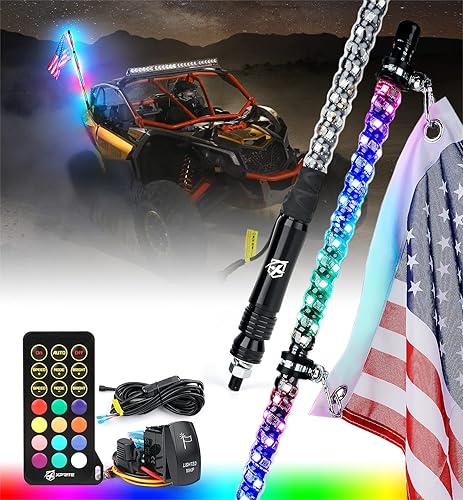 Xprite Luces LED RGB en espiral de 3 pies, luces de látigo de persecución de color de ensueño de 360 con control remoto y bandera para Jeep Offroad