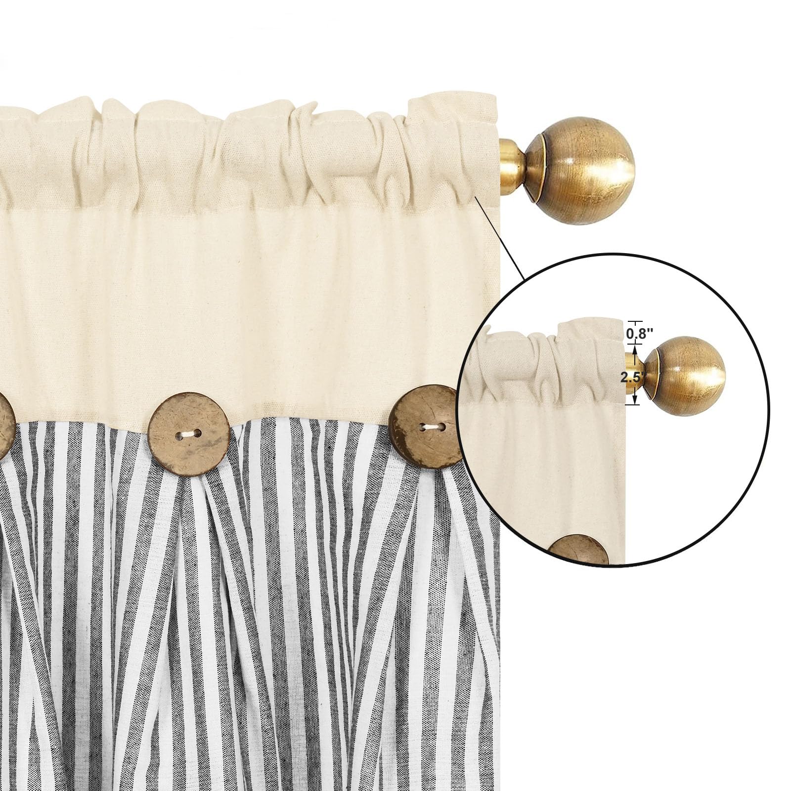 Rideaux de cantonnière en coton et lin de style rustique de style rustique avec passe-tringle pour café, salle de bain, chambre à coucher - Gris foncé et naturel