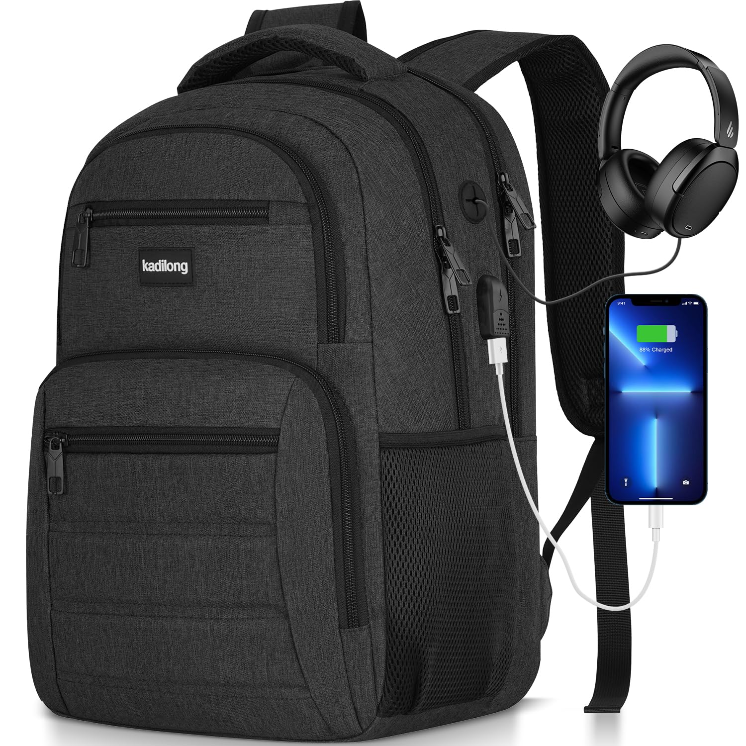 Laptop Backpack Men Book Bag for Women,School Backpacks for Teen Boys with USB Charger,Back Pack Anti Theft with 15.6 Inch Laptop Compartment for Business College High School,Black