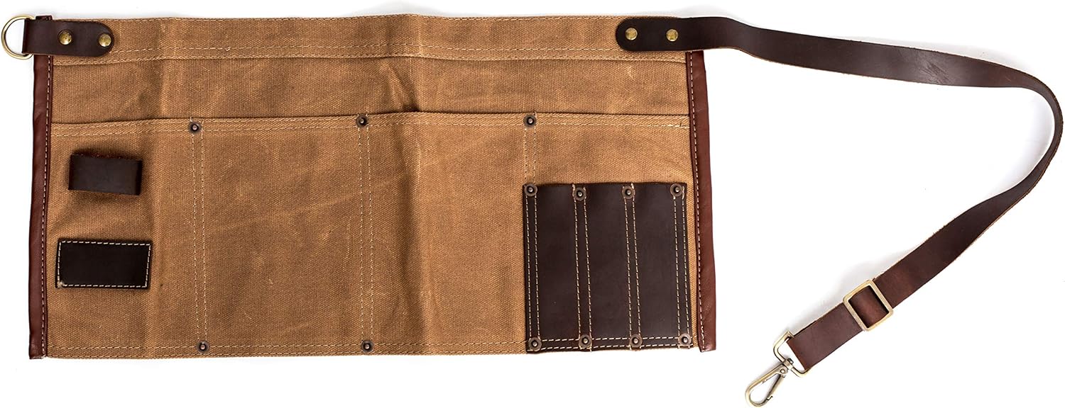 Waterproof Waxed Canvas Tool Apron With the Adjustable Genuine Leather Belt (Khaki)
