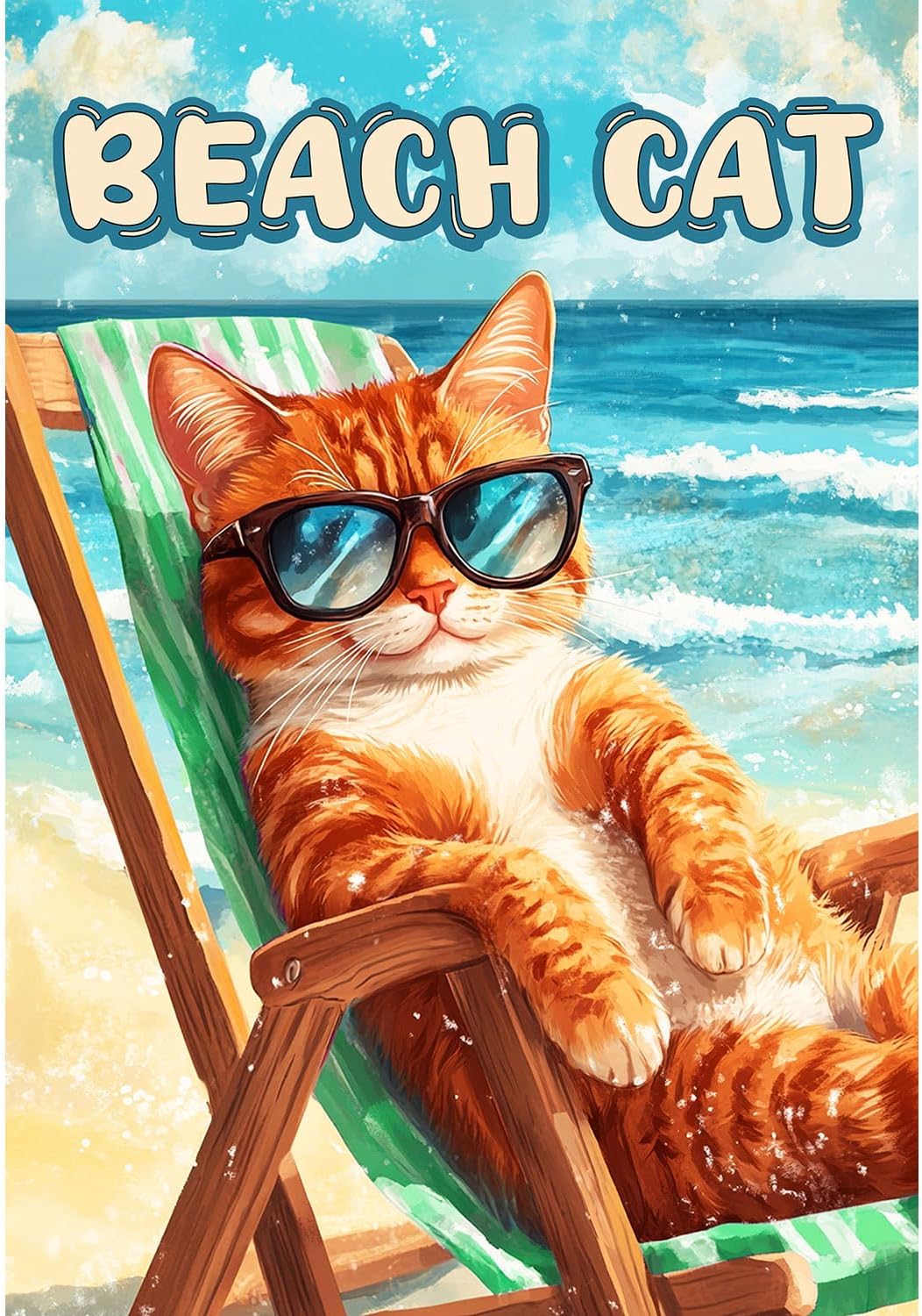 America Forever Beach Cat Orange Tabby House Flag, 28 x 40 inch Double Sided, Chair Sunglasses Ocean, Summer Seasonal Outdoor Decor, Relaxing Flag
