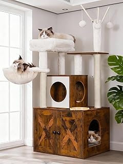 Heybly Cat Tree, Wood Litter Box Enclosure with Food Station, All-in-one Indoor Cat Furniture with Large Platform and Condo, Modern Style Cat Tower, Hammock, Rustic Brown HCT102SR