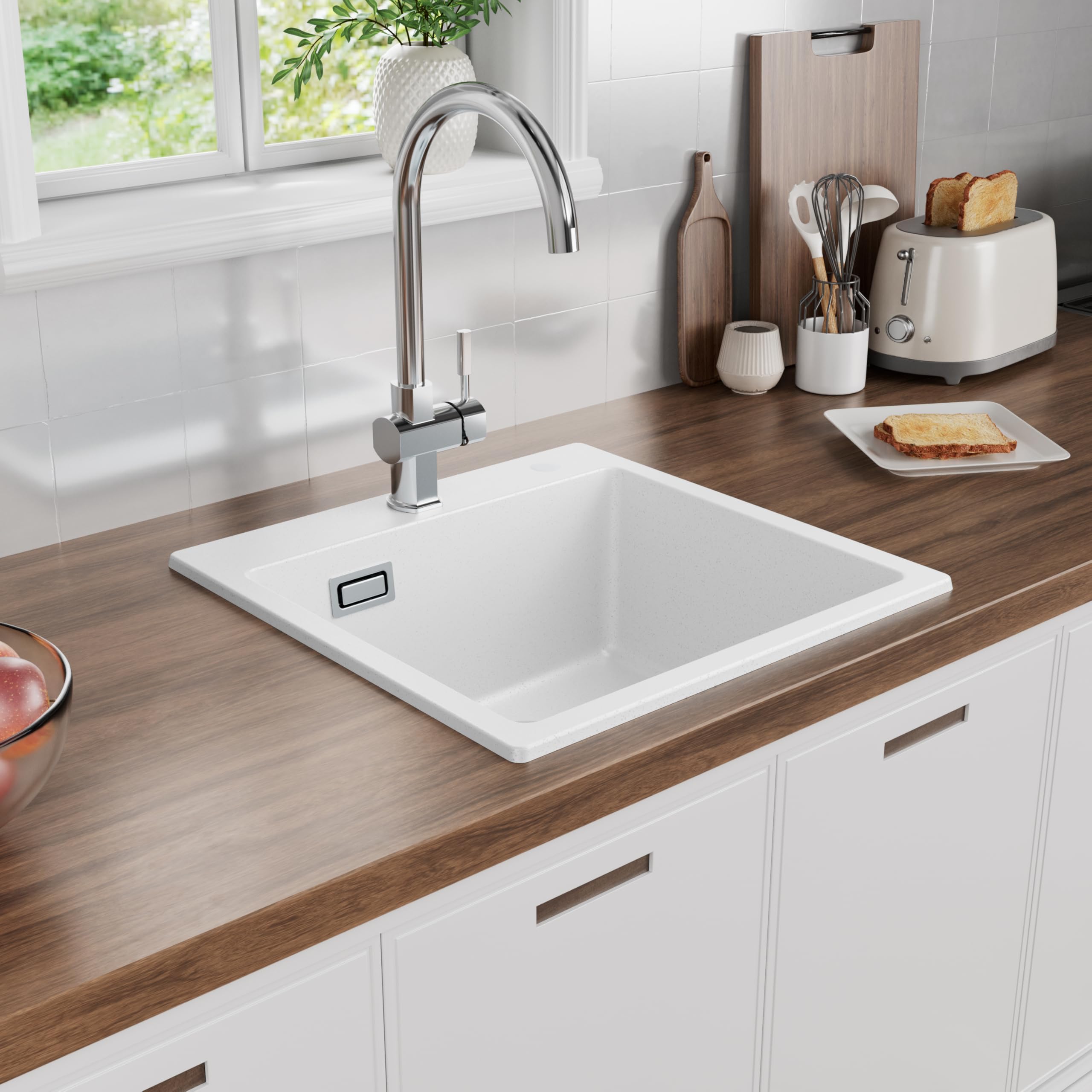 CECIPA Fregadero de cocina de 50 x 45 cm, 80% arena de cuarzo de granito, 1 lavabo empotrable, incluye sifón y sobre