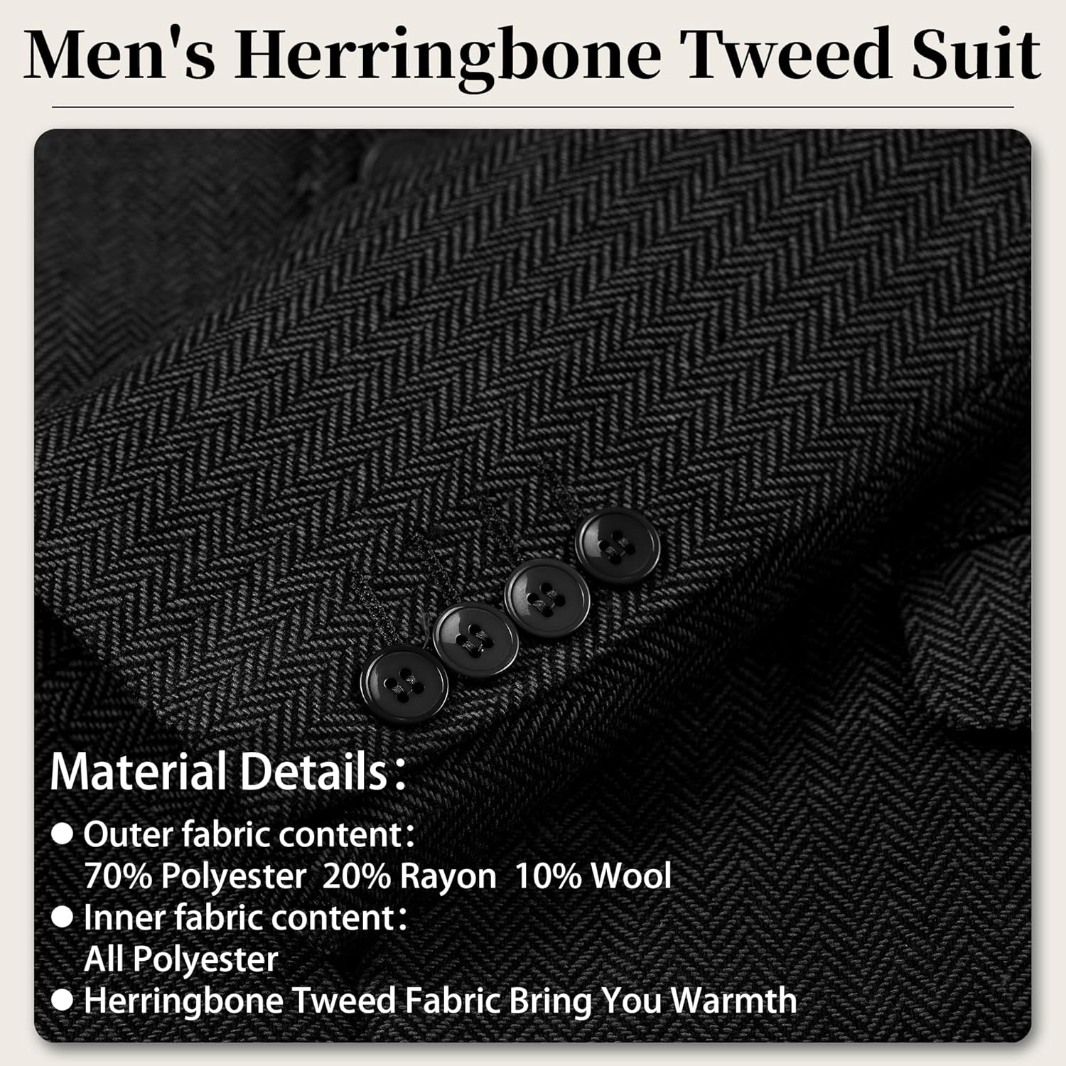 ZKHOECR Men's Suits Herringbone Tweed Suits for Men Retro 3 Piece Peak Lapel Blazer Wedding Prom Suit Jacket Vest Pants Set - Image 2