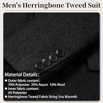 Mens Suits 3 Piece Herringbone Tweed Double Breasted Jacket Vest Pants