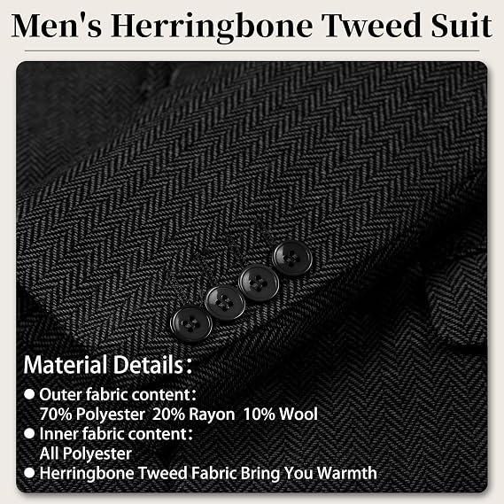 Mens Suits 3 Piece Herringbone Tweed Double Breasted Jacket Vest Pants