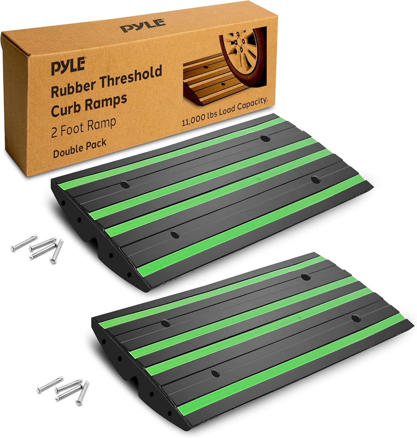 Pyle 2 Ft. Rubber Threshold Curb Ramp Set, Green Reflective Strip for Driveways, Non-Slip Marine Grade Rubber, Pack of 2 Heavy Duty Car Ramps for Trucks, RVs, Forklifts, 24.0’’x 16.0’’ x 2.6’’ Inches