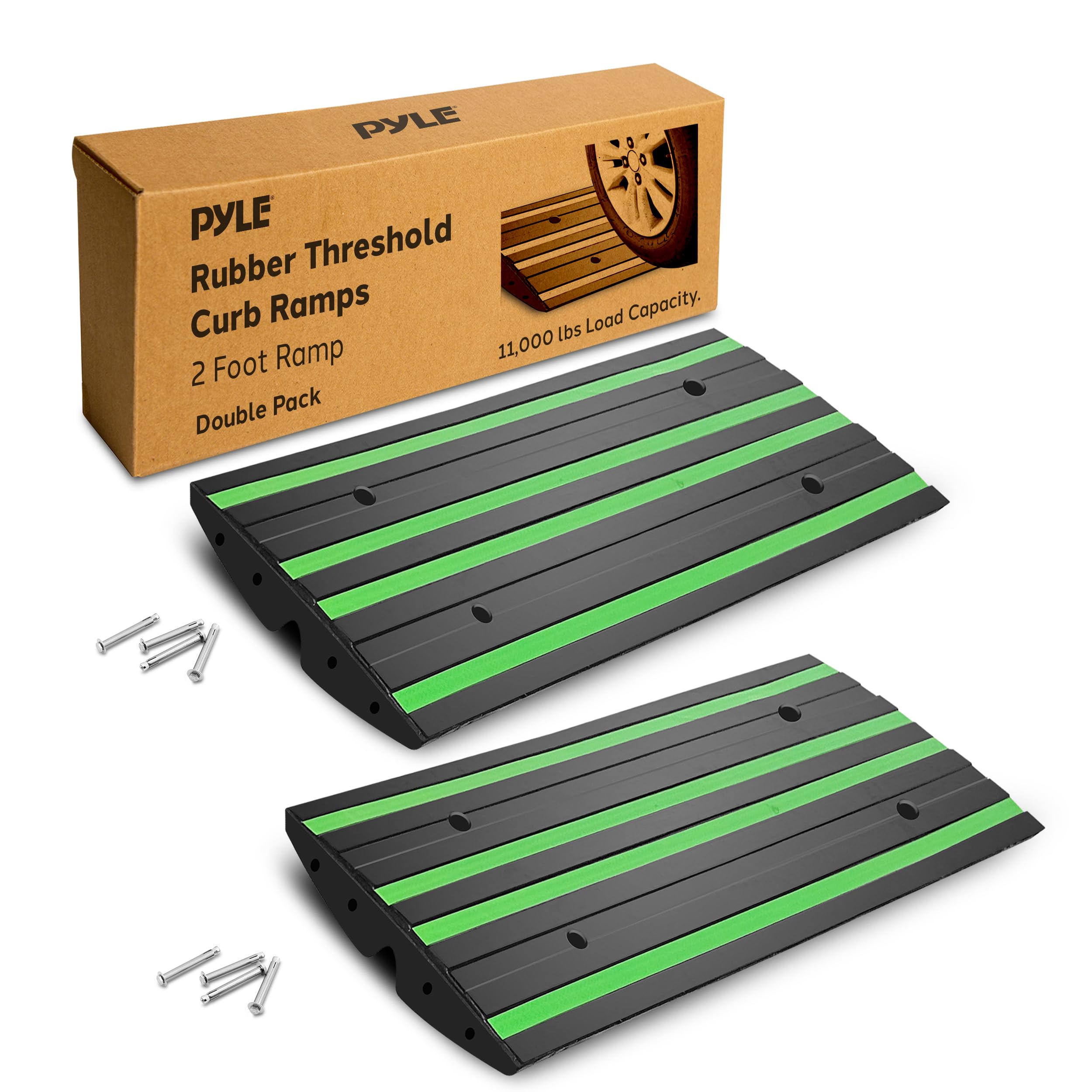 pyle 2 ft. rubber threshold curb ramp set, green reflective strip for driveways, non-slip marine grade rubber, pack of 2 heavy duty car ramps for trucks, rvs, forklifts, 24.0’’x 16.0’’ x 2.6’’ inches