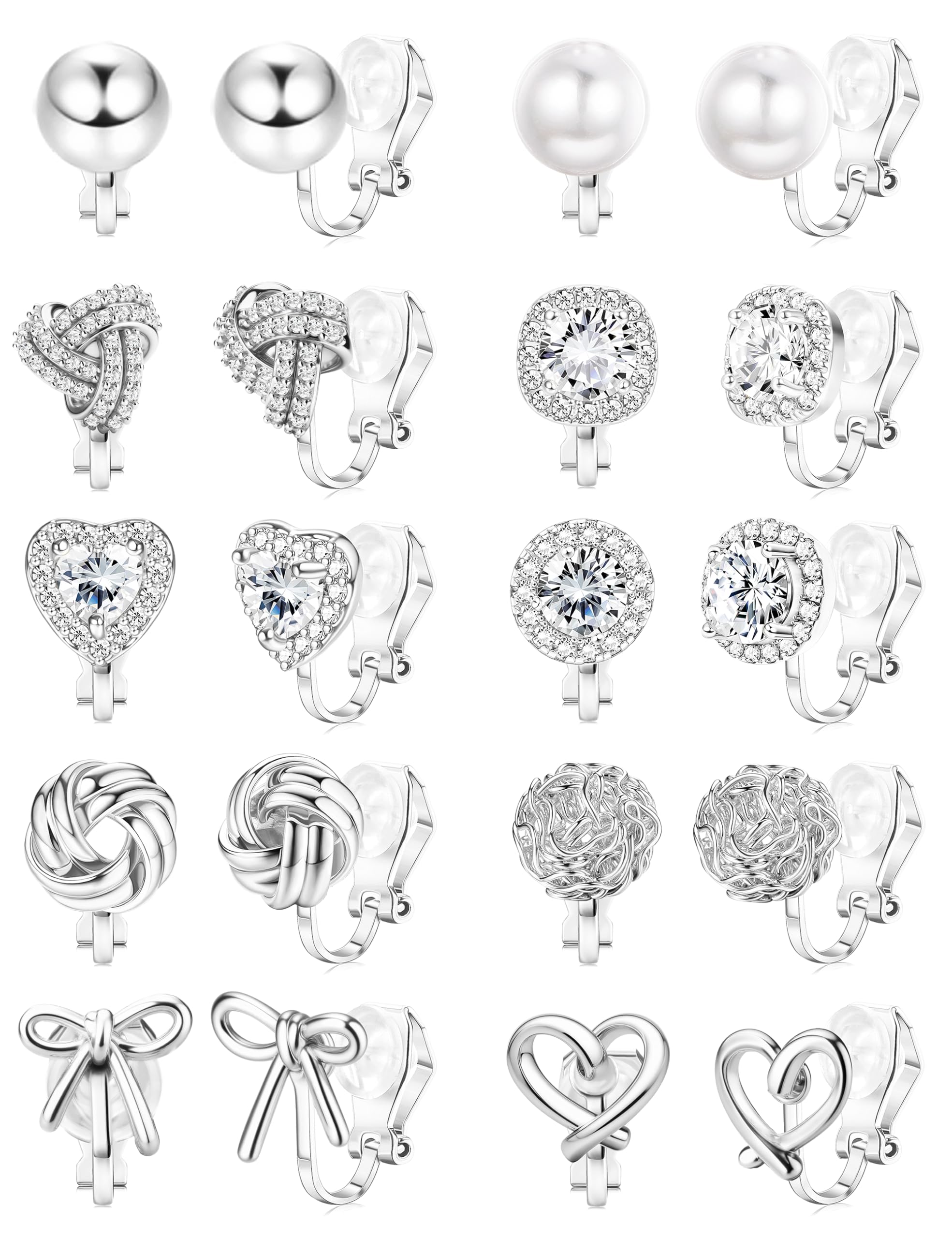 Florideco Clip on Earrings for Women 14K Gold Plated Cubic Zirconia Clip On Stud Earrings Non-Pierced Twist Knot Simulated Pearl Heart Earring Set
