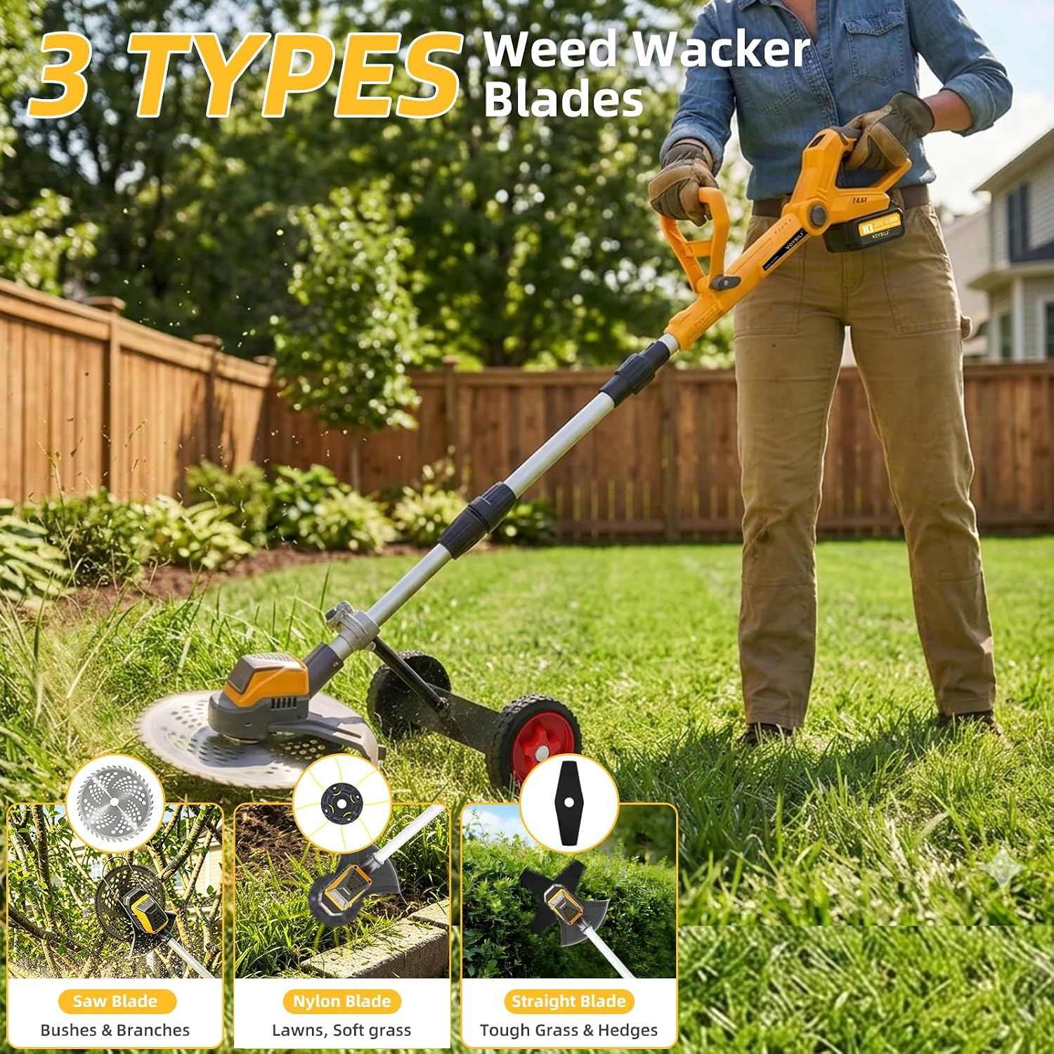12-Inch Cordless Weed Wacker, 21V Brushless Electric Weed Eater with 2 x 4.0Ah Batteries, 3-in-1 Grass Trimmer Edger with Support Wheels, Lightweight Battery Powered Trimmer for Yard Garden
