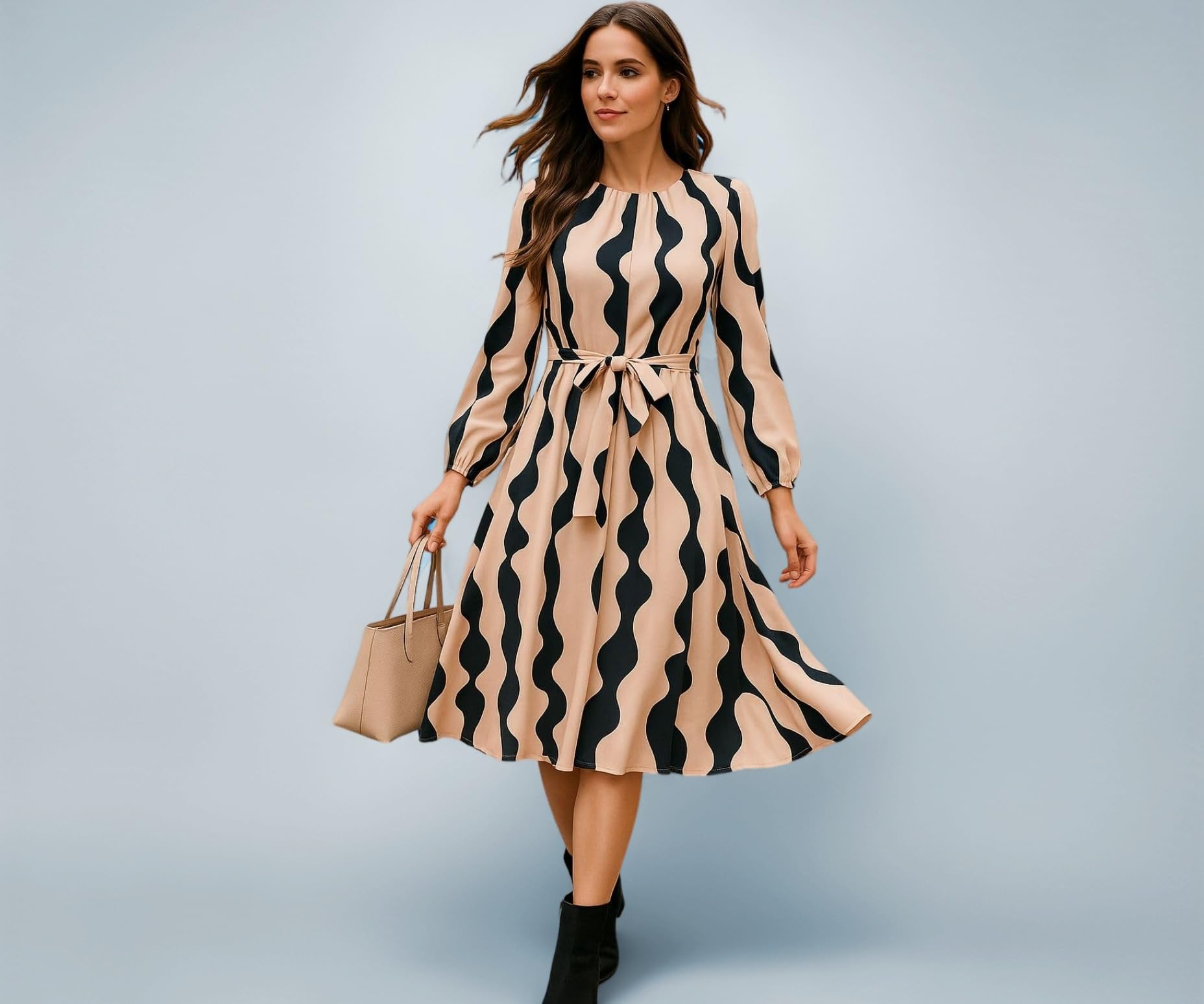 Womenโs A-Line Midi Dress | Long Sleeve Belted Fit and Flare Gown | Elegant Printed Casual Outfit