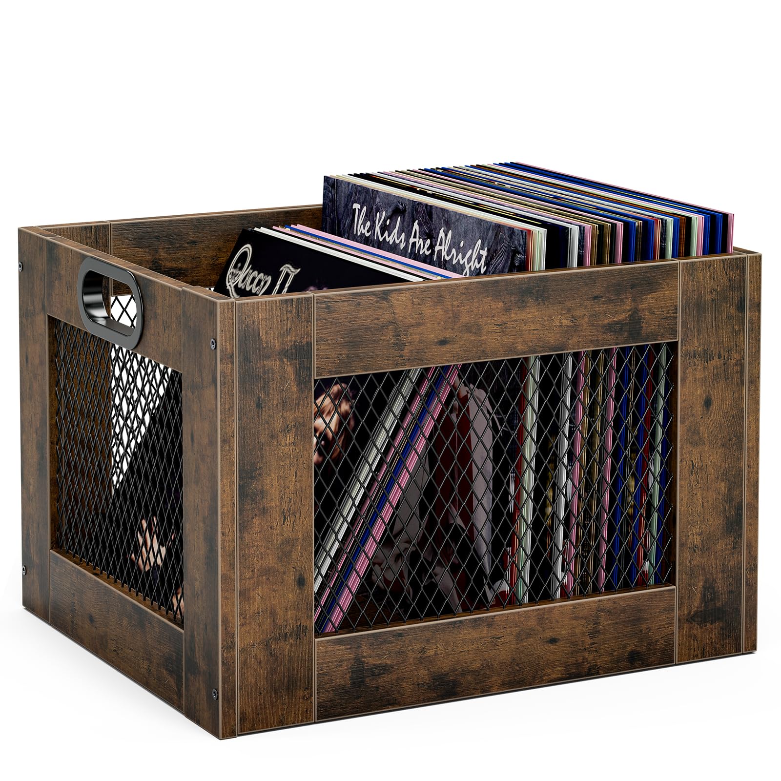 TEMI Vinyl Record Storage Crate – Large Wooden Record Holder for 70+ Albums – Industrial-Style Record Organizer and Durable Record Storage Solution for Home or Studio, Easy to Assemble