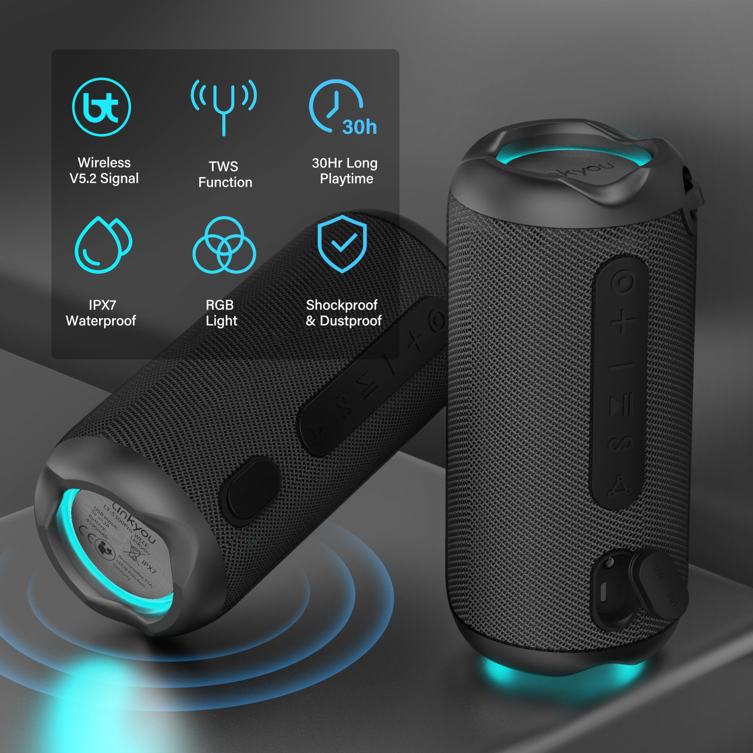 OPG Linkyou Wireless Speakers Portable Outdoor Speaker with 30W Stereo Sound, IPX7 Waterproof Shower Speaker?Upgraded Portable Speaker for Home/Party/Outdoor/Beach, Up to 30 Hours Playtime, LED Light